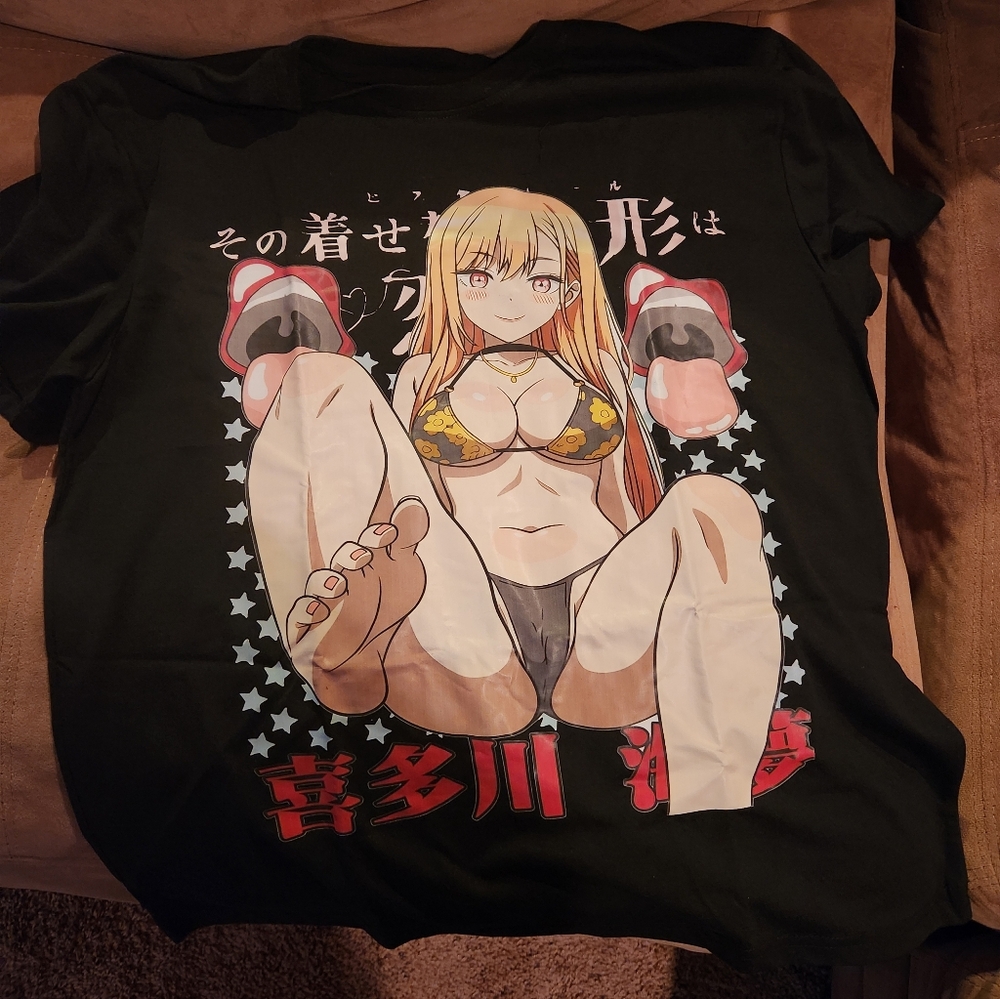 Mens Black Graphic Anime T-Shirt